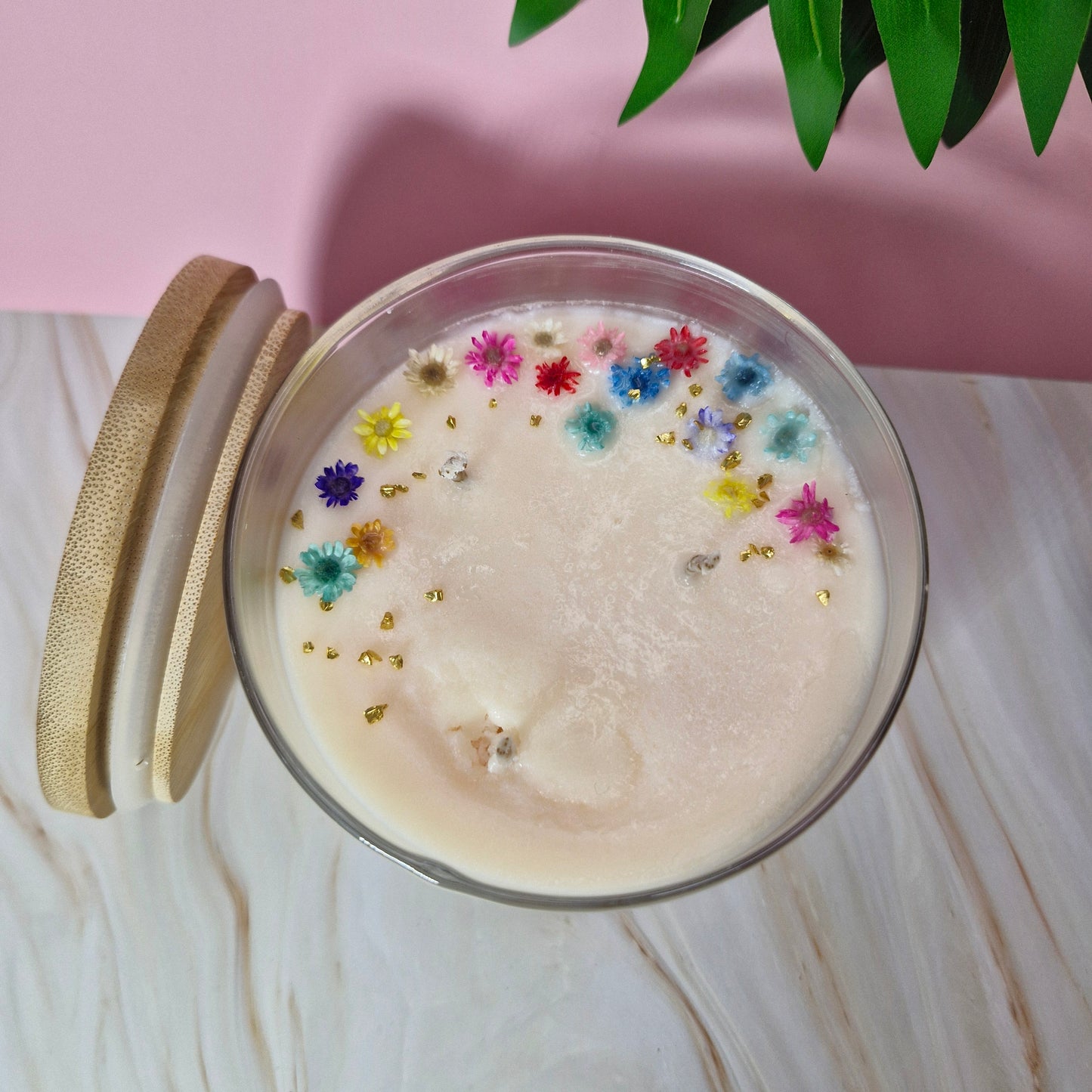 Vela aromática “flores” grande con tapa de bambú