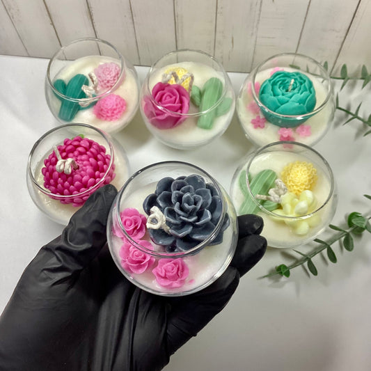 6 velitas artesanales en forma de suculentas, cactus y flores perfumadas